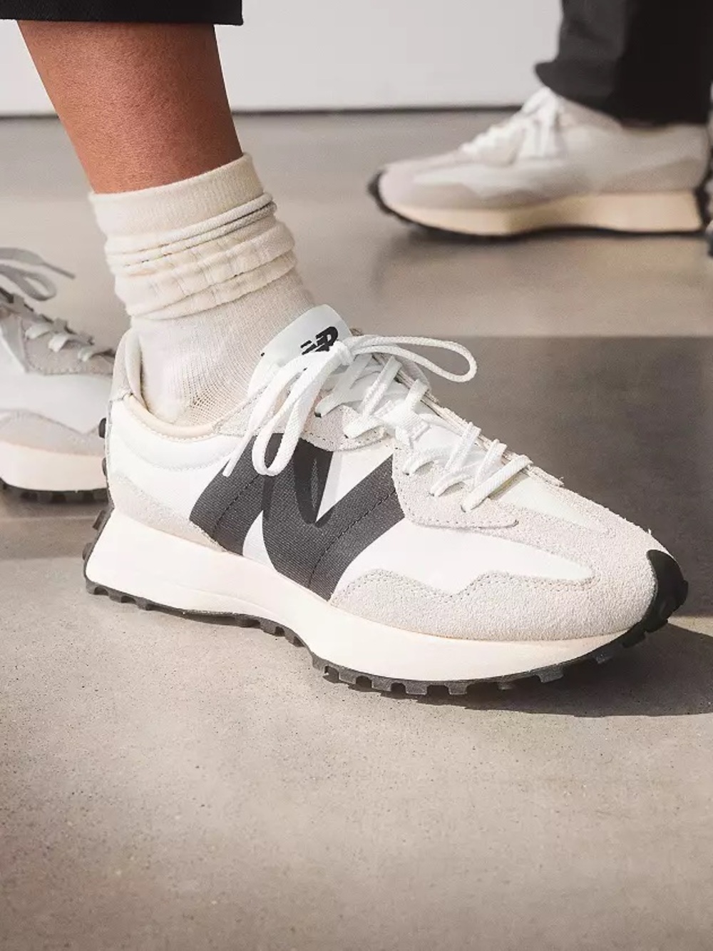 New Balance White and Black 327 Sneakers